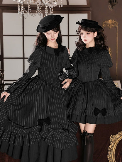 Black Striped Long Sleeve Short Lolita OP Dress with Mini Hat & 2-Way Bow Brooch Set - With PUJI