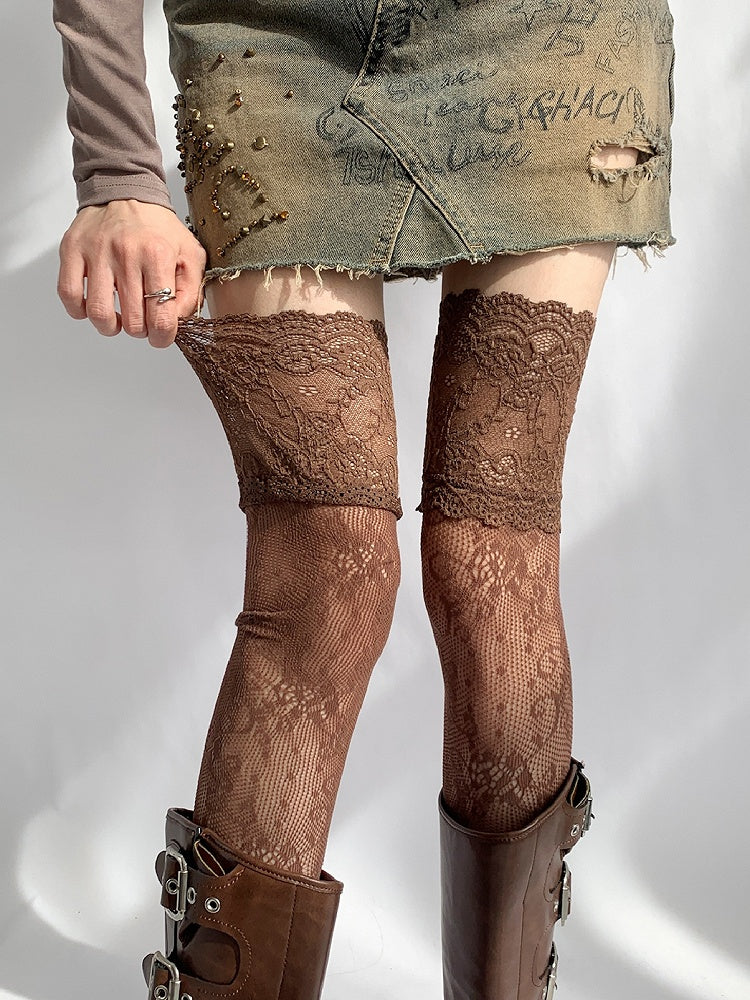 Spitzenstrümpfe Grau/Weiß/Braun/Blau/Schwarzer Besatz Overknee Hohl-Out-Design