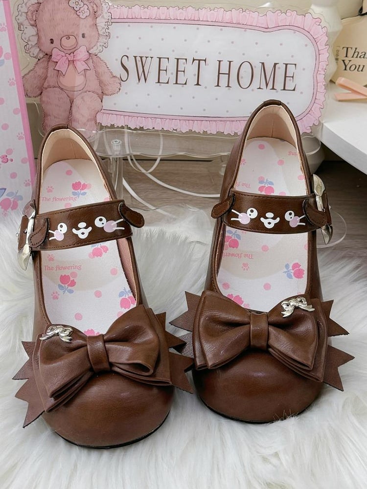 Puppy Buckle & Bow Accents PU Brown Mid Heels in Sweet Lolita