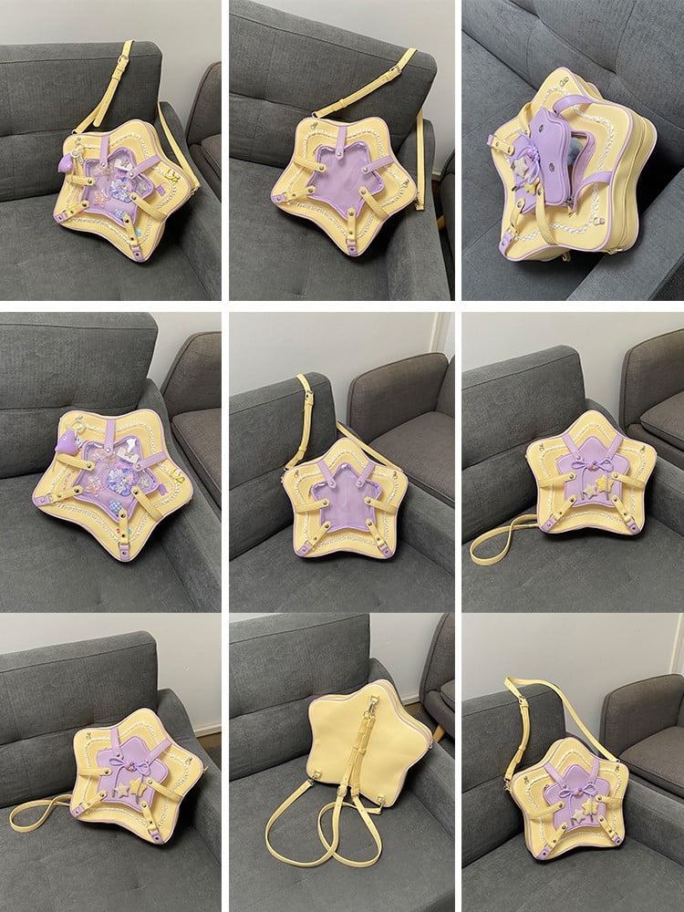 2-Way Charm Yellow Design Bag With Kawaii Purple Star