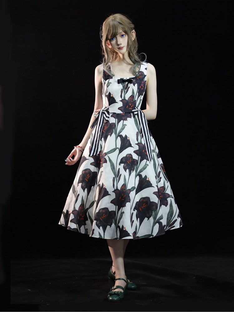 with Lily Lolita Accents White Print Ribbon Striped Black Dress