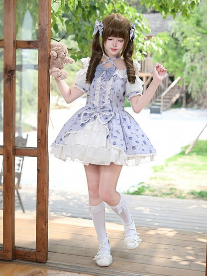 OP Neck Sweet Lolita Kleid Lila Hortensien Druck Offene Schulter Neckholder Licht