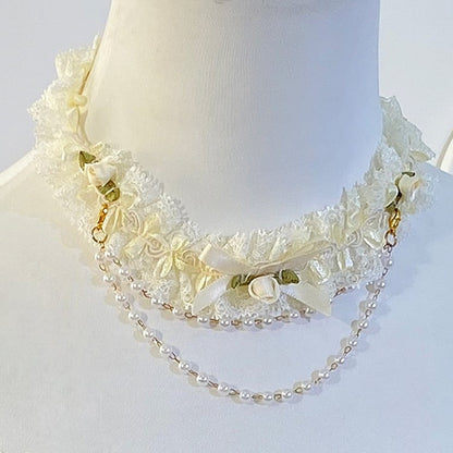 and Bead White Choker Flowers Chain Adorned