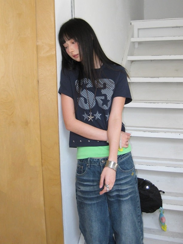 Navy Letter Print Tee with Star Studs - innomoood