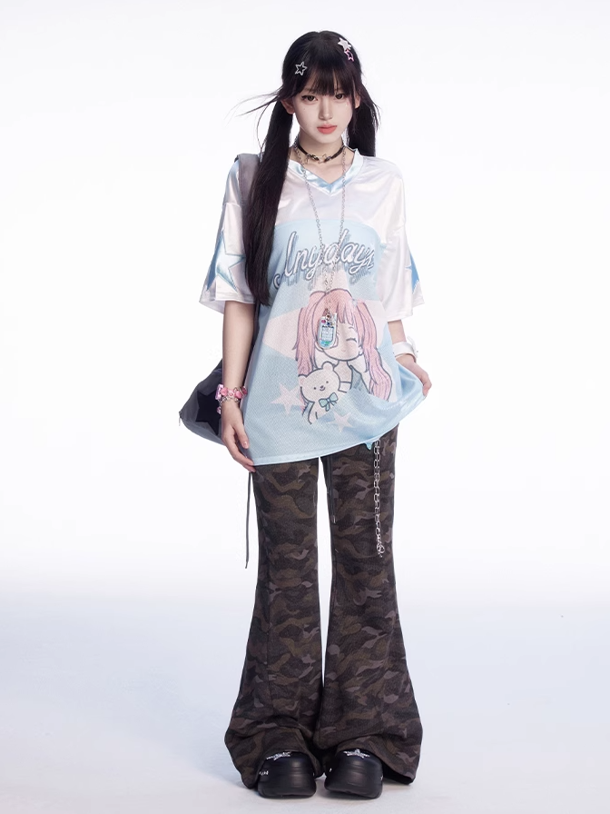 T-shirt Blau und Weiß Colorblock Design V-Ausschnitt Cartoon Mädchen Druck Lose