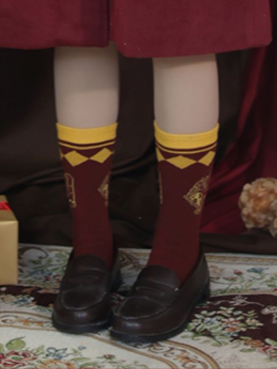 Yellow Red Mid-calf Socks Diamond Pattern