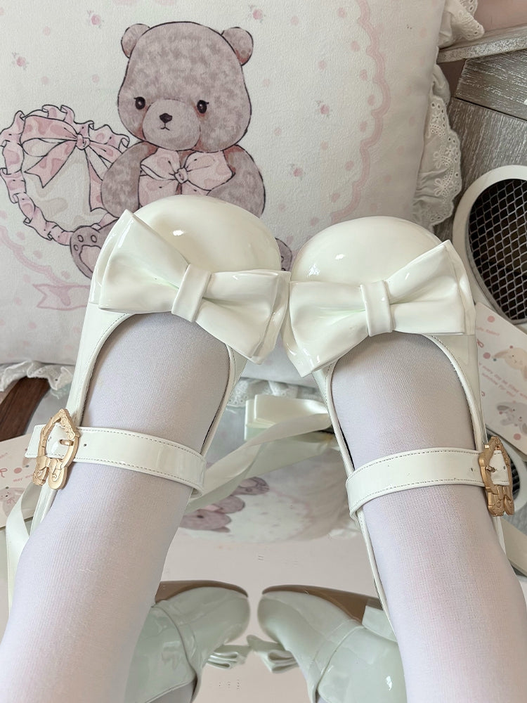 in PU Decorative Bow with Rabbit-shaped Toe and Round Low-heel Shoes Clasp White