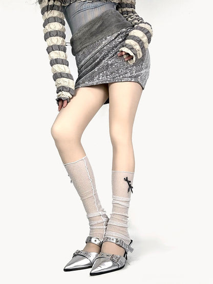 4 Warmers Leg Shimmer Design Fine Thread Bowknot Accents Colors Mesh with
