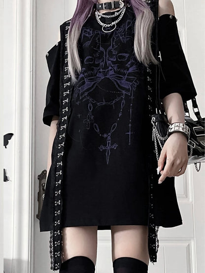 Cutout Punk T-shirt Shoulder Design Emo BlackPurple