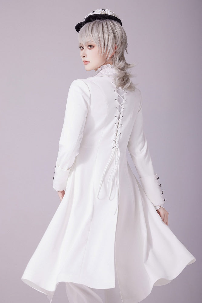 White Jacquard Coat with Zip Closure, Lace-Up Back, and Cutout Detail - DevilInspired Exclusive Collection