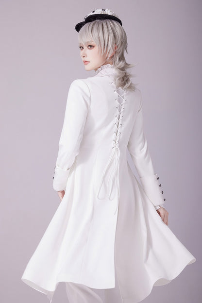 White Jacquard Coat with Zip Closure, Lace-Up Back, and Cutout Detail - DevilInspired Exclusive Collection