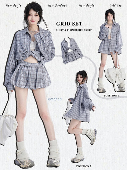 Lockeres blau-weiß kariertes Vintage-Shirt/Ballerrock