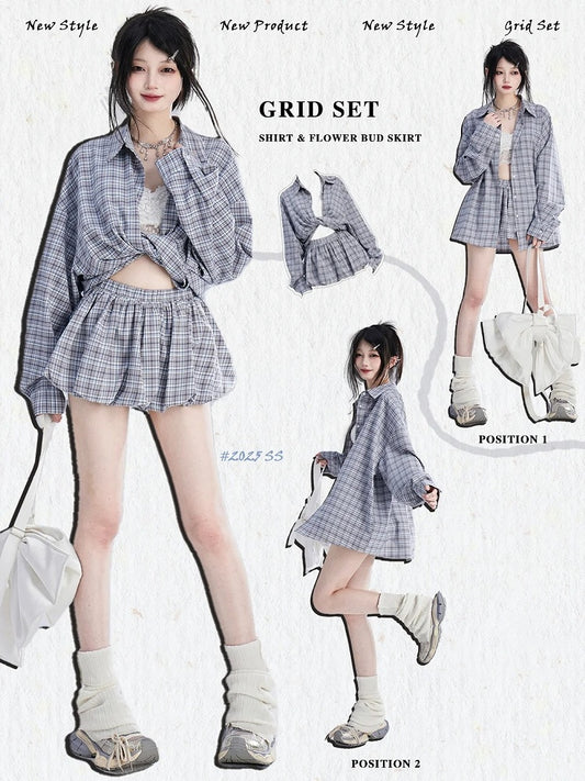 ゆったりとしたブルーホワイトチェック柄ヴィンテージシャツ/バブルスカート