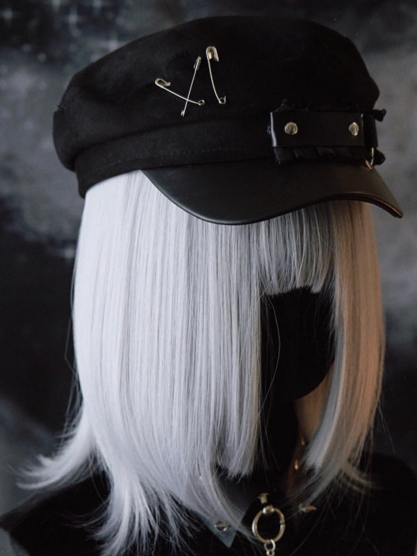 Beret Black Trim Gothic Hat Ruffled Pin Decorated