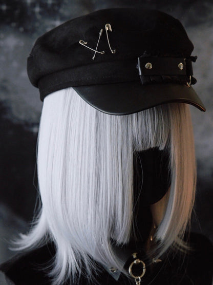 Beret Black Trim Gothic Hat Ruffled Pin Decorated