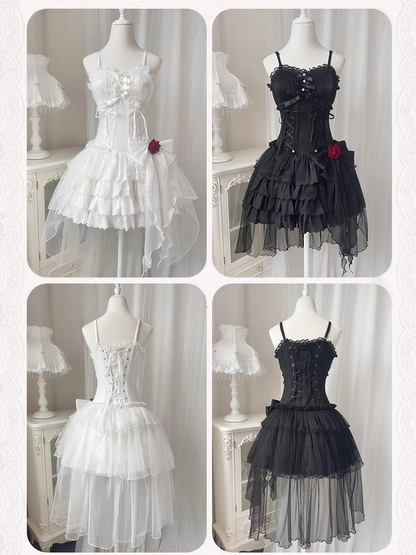 Black Sweetheart Neckline Corset Waist Jacquard Kuro Lolita Jumper Skirt with Rosette Accent - Unknown Star