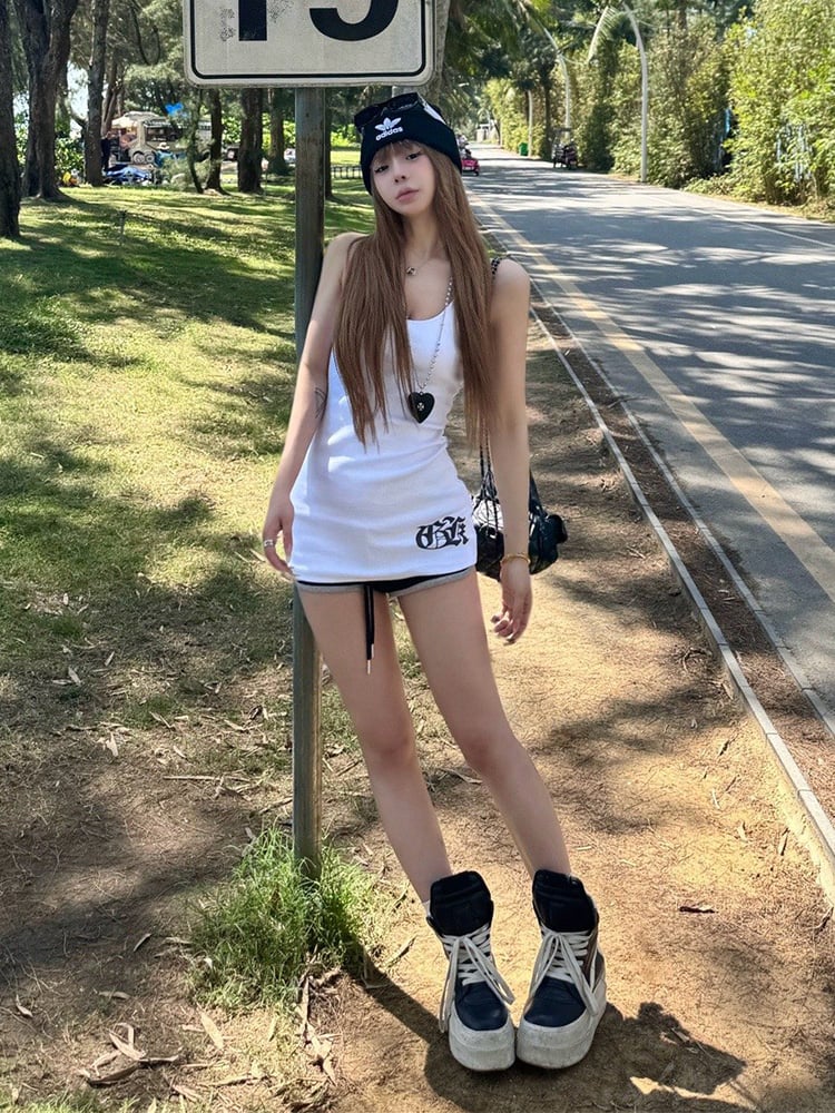 Length Racerback with Top Gothic Tank Print Script White Midi