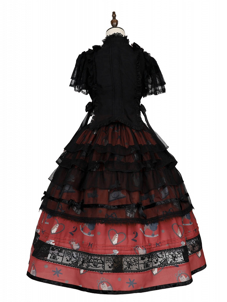 Black and Red Elastic Waist Puppy and Retro Telephone Sweet Lolita Skirt
