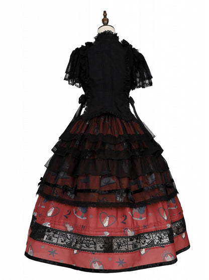 Black and Red Elastic Waist Puppy and Retro Telephone Sweet Lolita Skirt