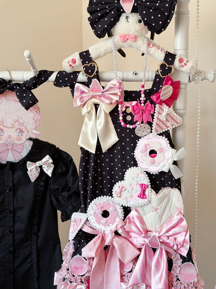 Polka Dot JSK in Black and Pink with Adjustable Straps and Bows - sedef