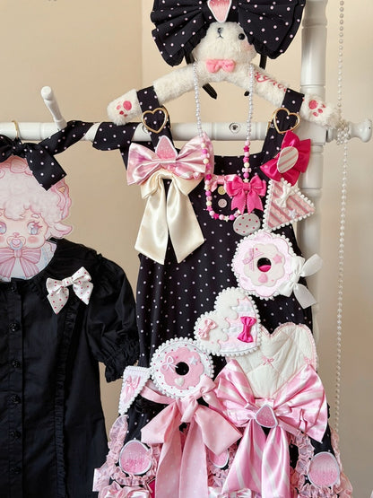 Polka Dot JSK in Black and Pink with Adjustable Straps and Bows - sedef