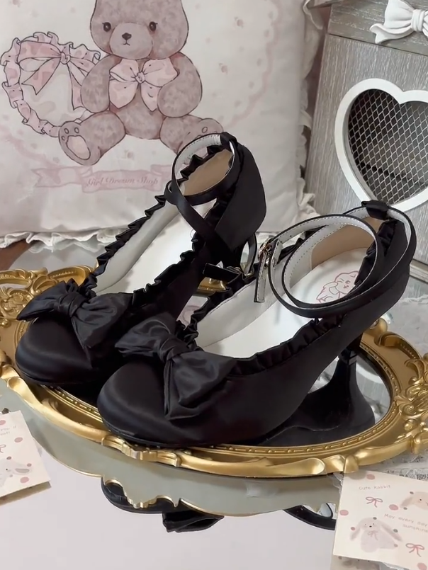 with Shoes Mid-heel in Interchangeable Elegant Lolita Snaps Satin Black Bow Trim Ankle Ruffles Top