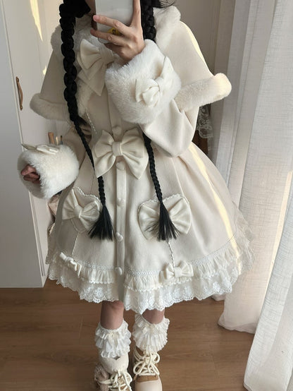 White Bow Accents Cape Lolita Coat with Lace Trim