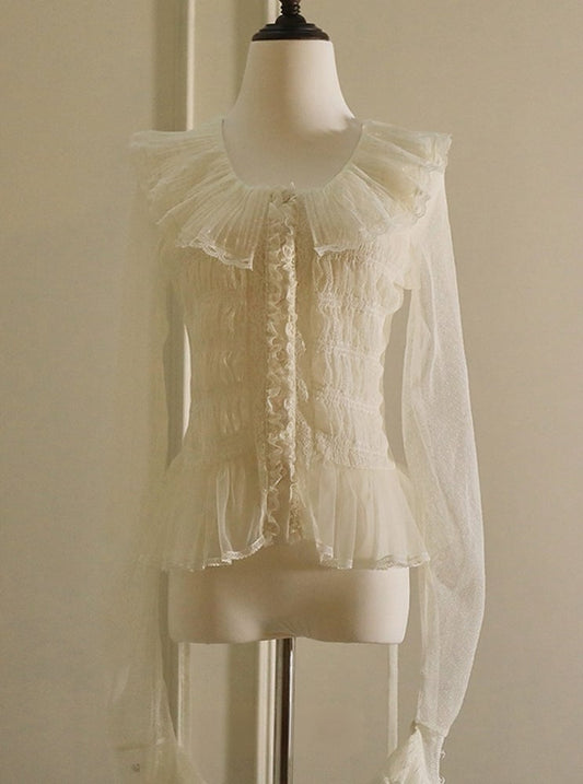 with Sleeves Lolita Elegant Ruffled White Hem Long Blouse