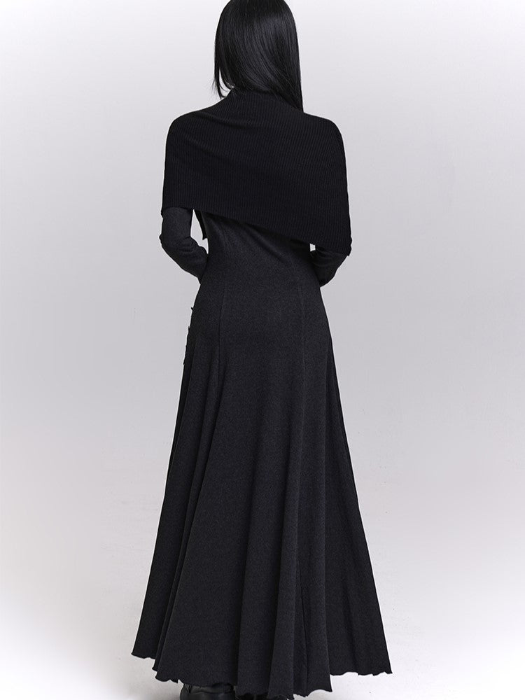 Black One-Shoulder Fleece Lining Maxi Dress with Bell Sleeves and Floral Lace Embroidery