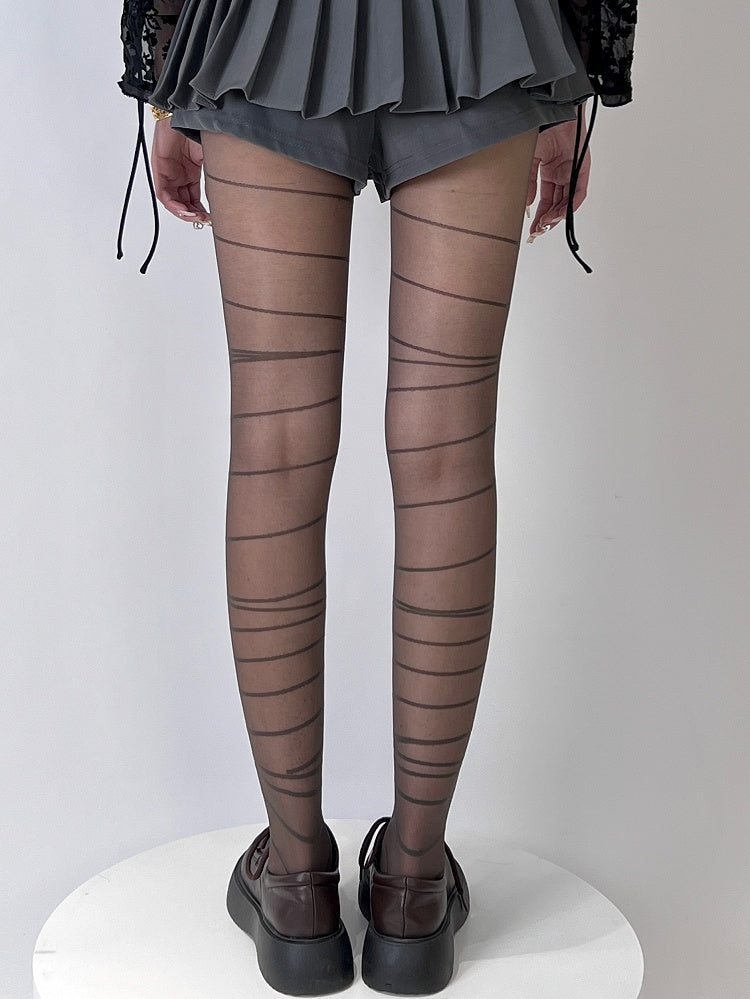 Gray/White Punk Striped Pattern Tights