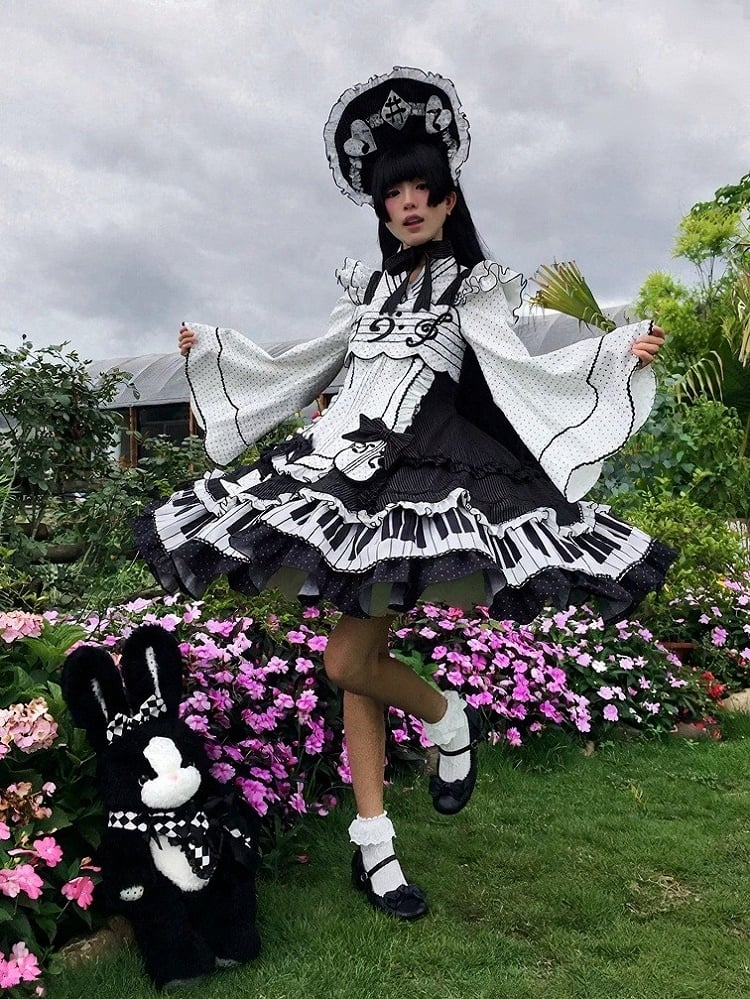 Piano JSK Set with Shirt, Bonnet, Apron, and Bow Train - Alice in Wonderland Lolita