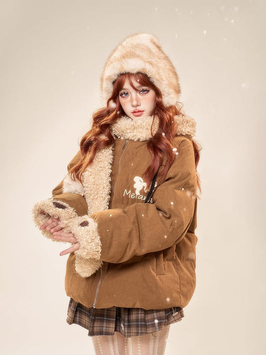 Cozy Brown Hooded Scarf Padded Coat with Furry Trim and Embroidered Bowknot