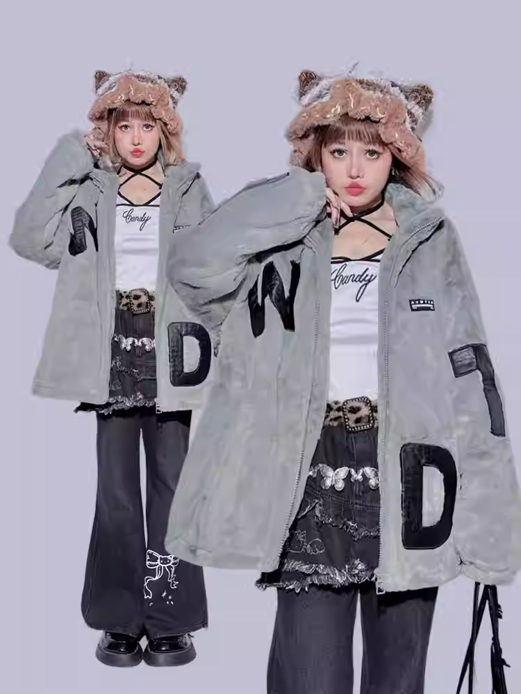 Gray Letter Appliques Baggy Long Sleeves Plush Coat
