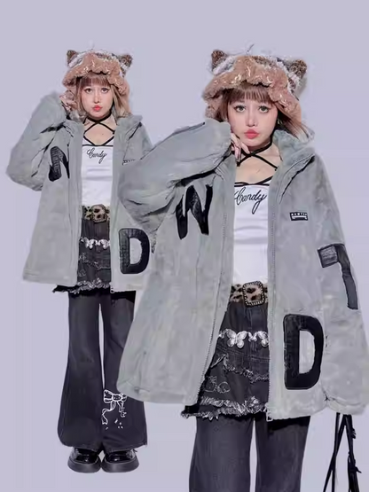 Gray Letter Appliques Baggy Long Sleeves Plush Coat