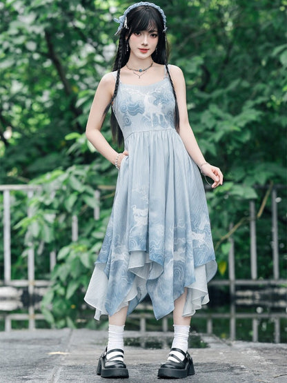 Blue Chiffon Cami Dress with Deer Print & Asymmetric Hem - Quirky Hut