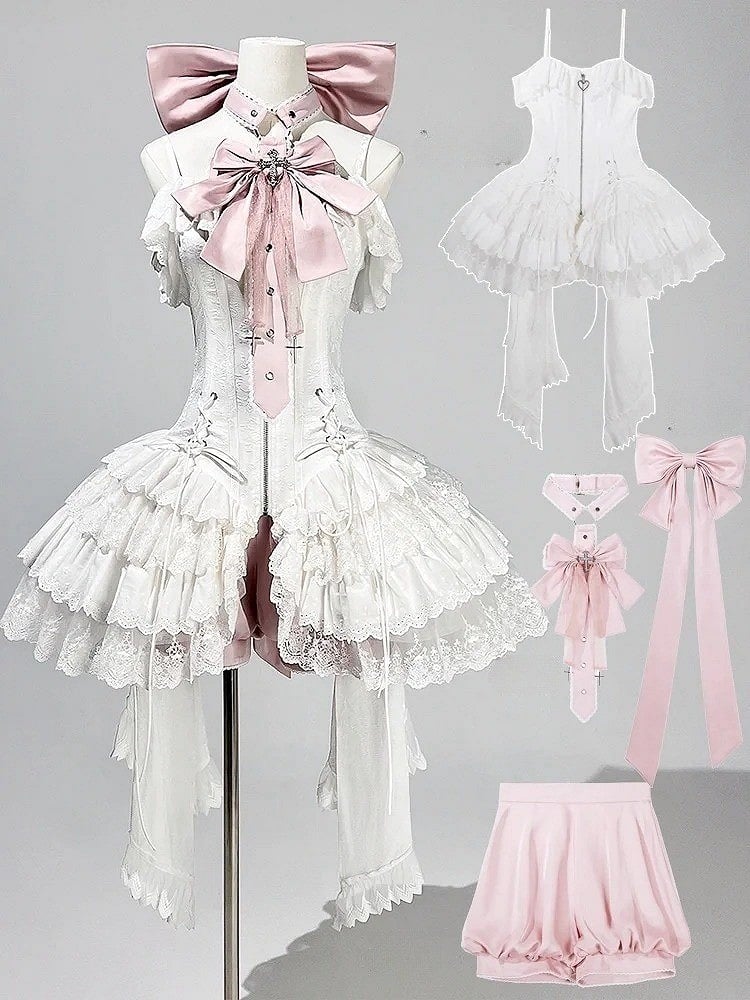 Träger Spaghetti JSK Lolita Rosa Balletcore Weißes Korsett + Kleid