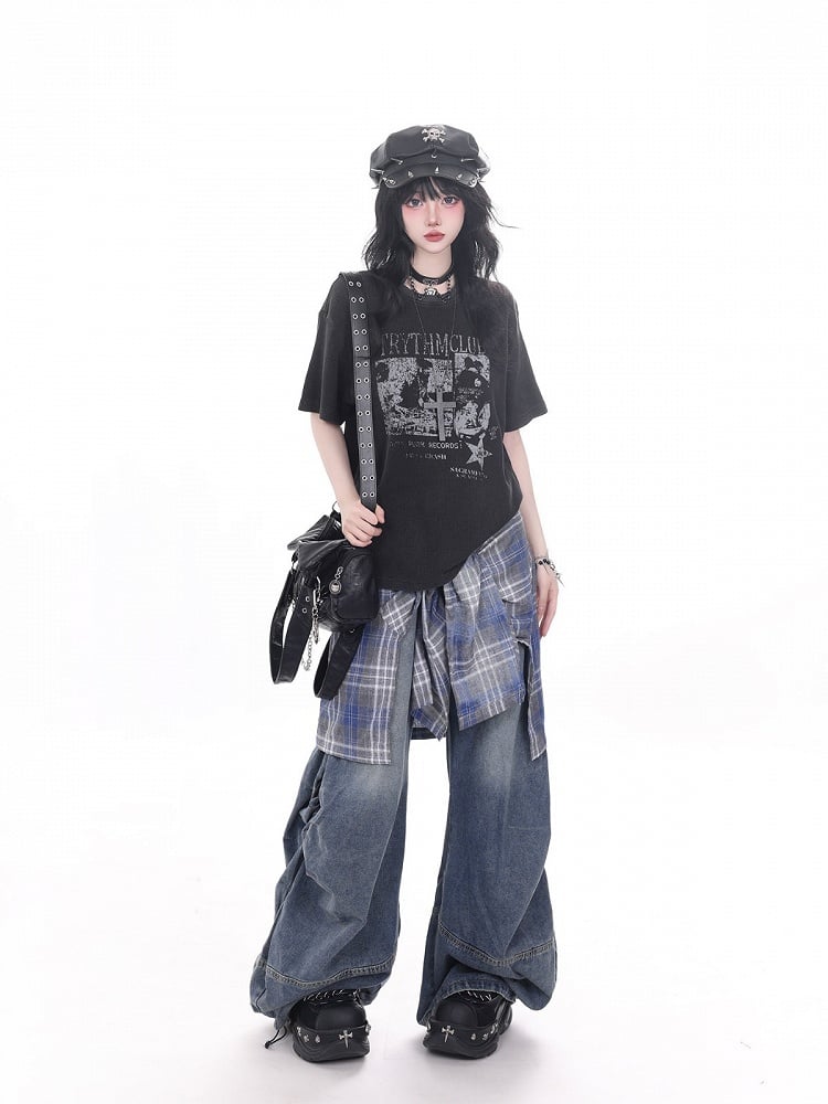 Black Portrait Print Waffle Tee - KNOW8 Online Shop