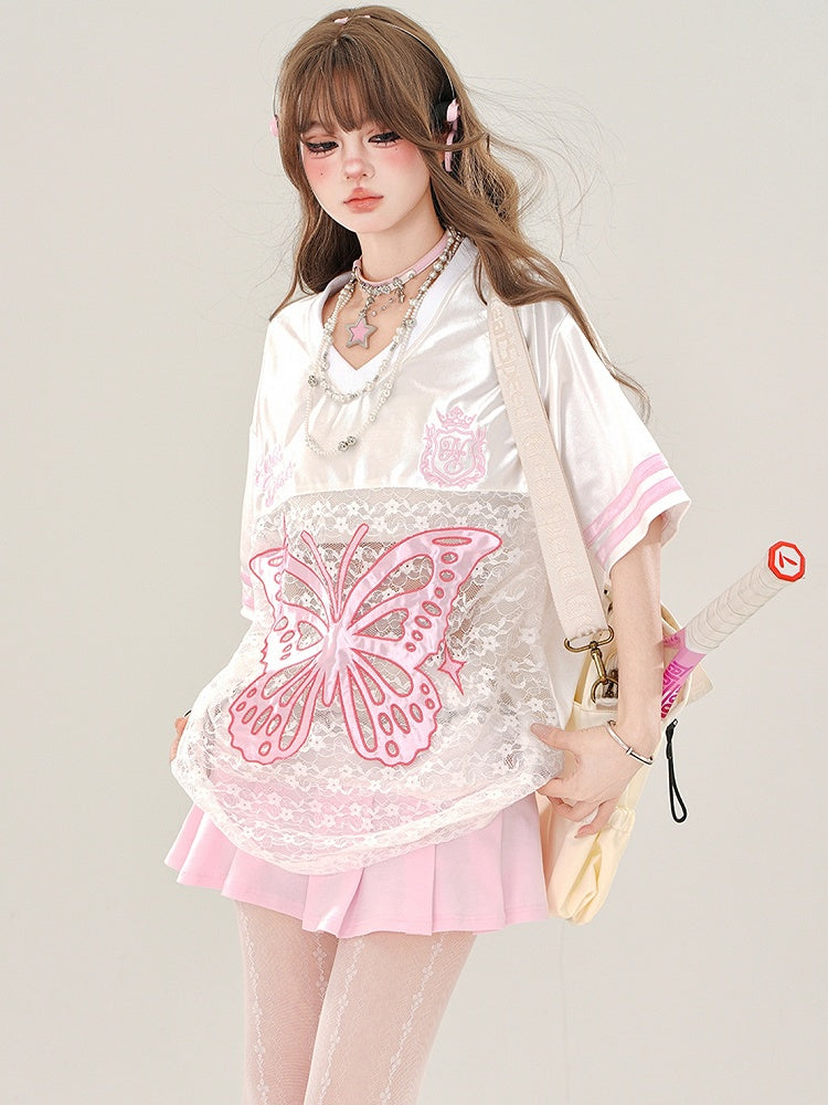 Rosa/Schwarzes sportliches T-Shirt mit Schmetterlingsapplikation und Spitze im Patchwork-Stil