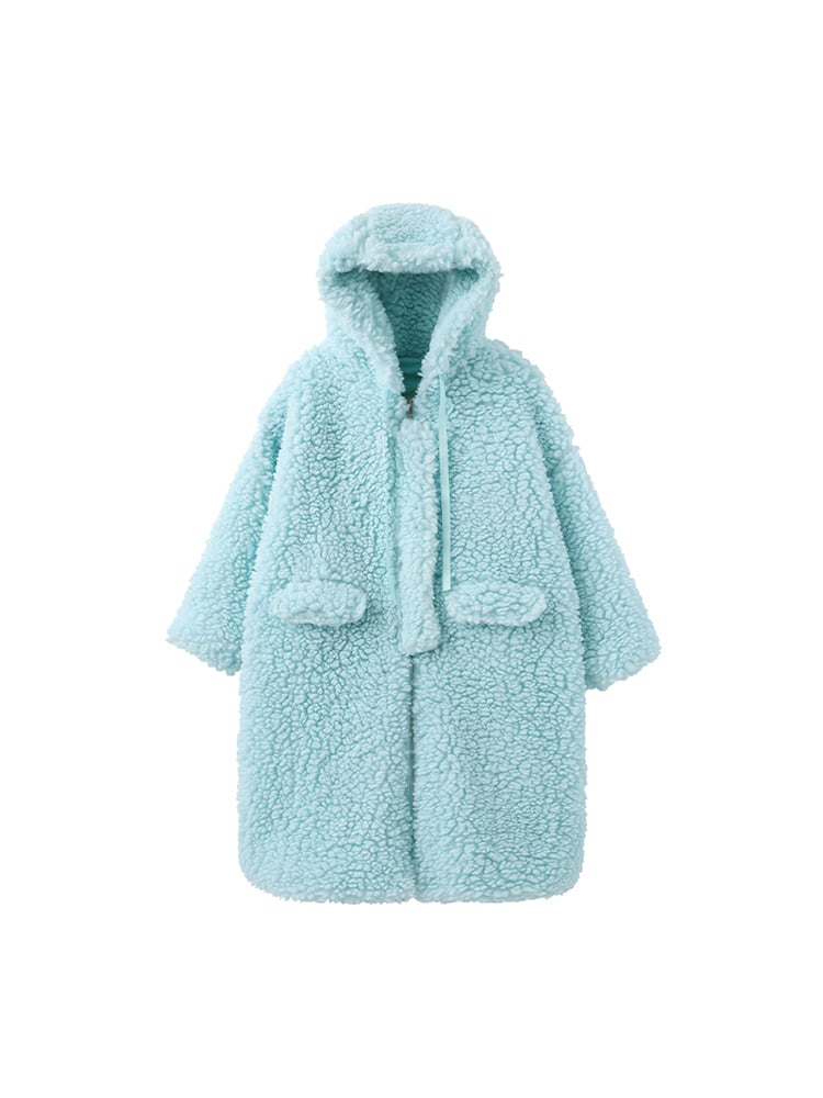 Light Winter Coat Blue for Hooded Drawstrings Fleece Long with