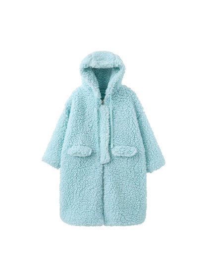 Light Winter Coat Blue for Hooded Drawstrings Fleece Long with