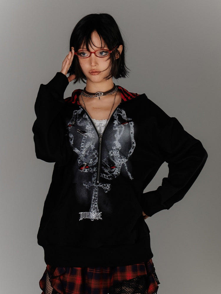 Two-pieces Hoodie Graphic Accents Holes Y2K Black Distressed Pin Faux