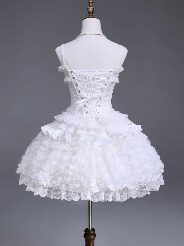 White Lace-Up JSK Dress with Floral Brooch and Overlay - Airfreeing