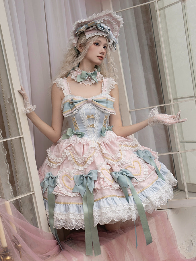Mintgrünes Schleifen-Rosa und Blaues süßes Lolita-Korsettkleid mit Choker