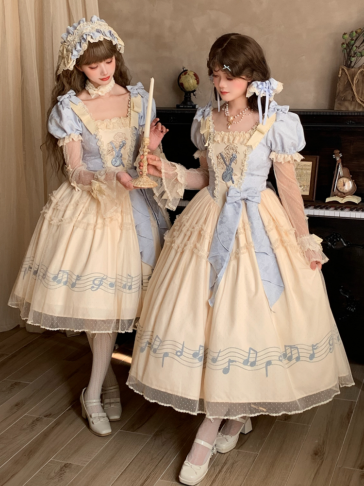Dress Blue Version Print Lolita Elegant Note Beige Lace Violin Classic with Embroidery Long Musical