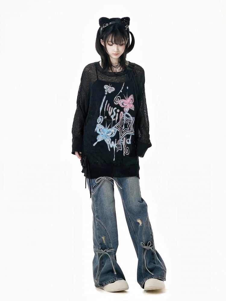 Jeans mit Schleifenakzenten, Schlaghose, Blau, verblasste Waschung, Distressed-Löcher, leicht