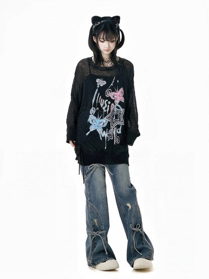 Jeans mit Schleifenakzenten, Schlaghose, Blau, verblasste Waschung, Distressed-Löcher, leicht