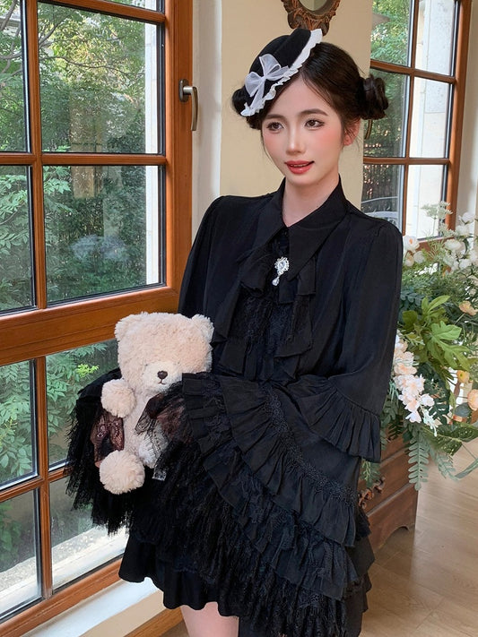 Gothic Lolita Black Blouse with Bell Sleeves and Lace - Lan Jian Chuan