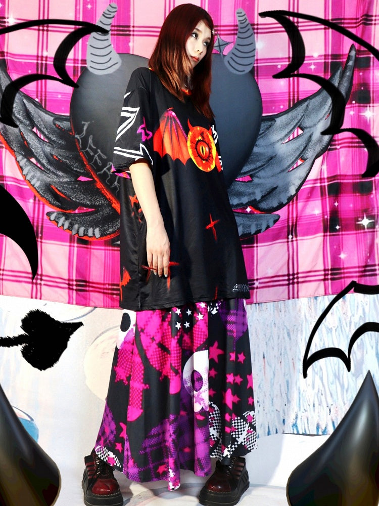 Cami Dress Plaid Heart Pattern Kuro Kawaii Black Skeleton and Star Print