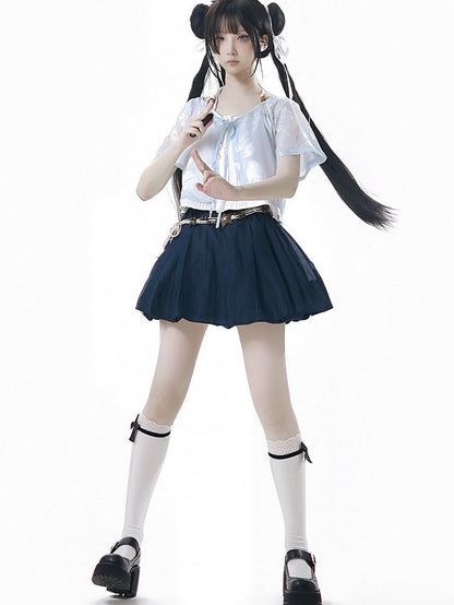 Dark Blue Mini Skort with Rope Belt - PINK SAVIOR