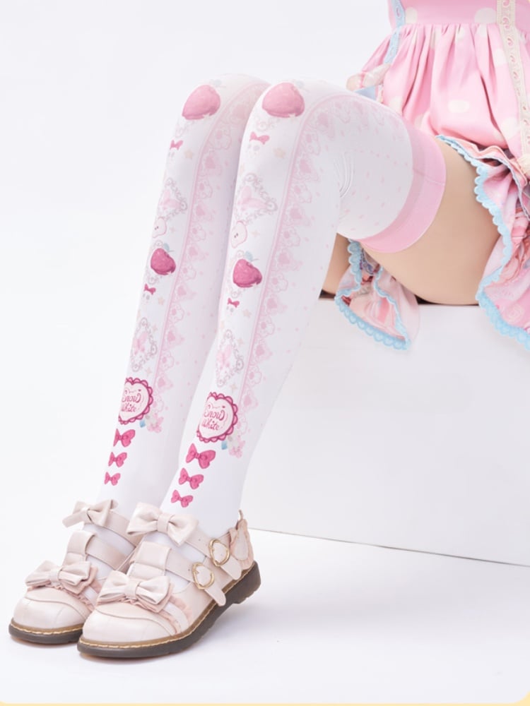 Red Apple and Bow Print Over Knee Stockings